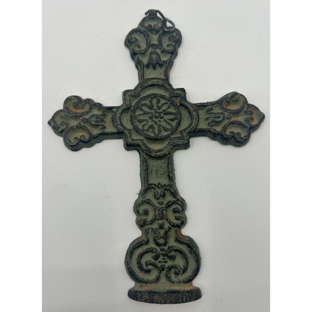 Vintage Ornate Cast Iron Wall Cross Rustic Distressed Gothic Fleur De Lis Decor